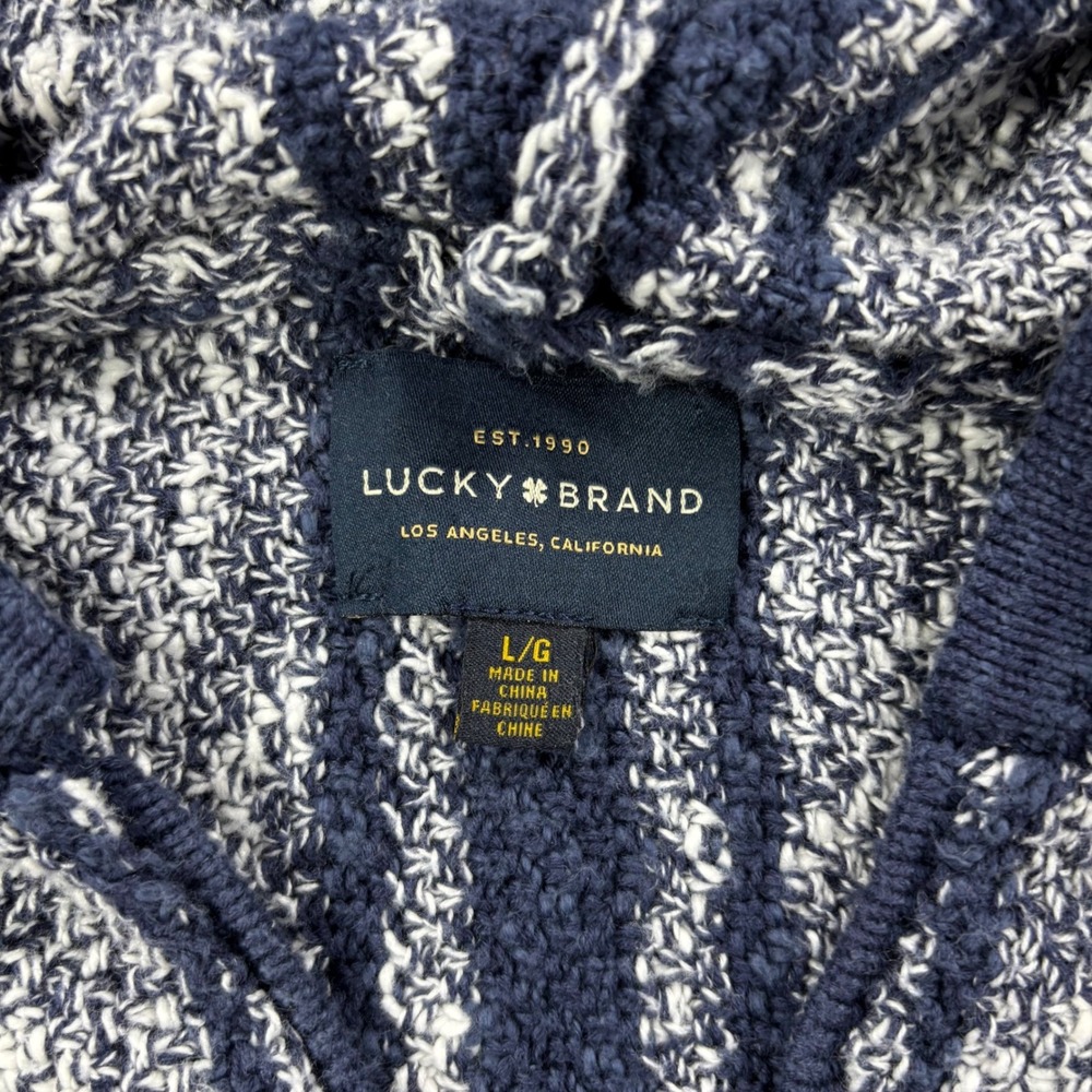 Lucky Brand Mens L Baja Hoodie Blue White Striped Knit Pullover Sweater Exc - Picture 3 of 8